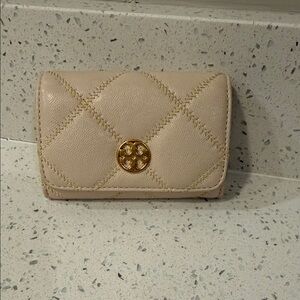 Tory Burch Beige Quilted Wallet with Gold Accent